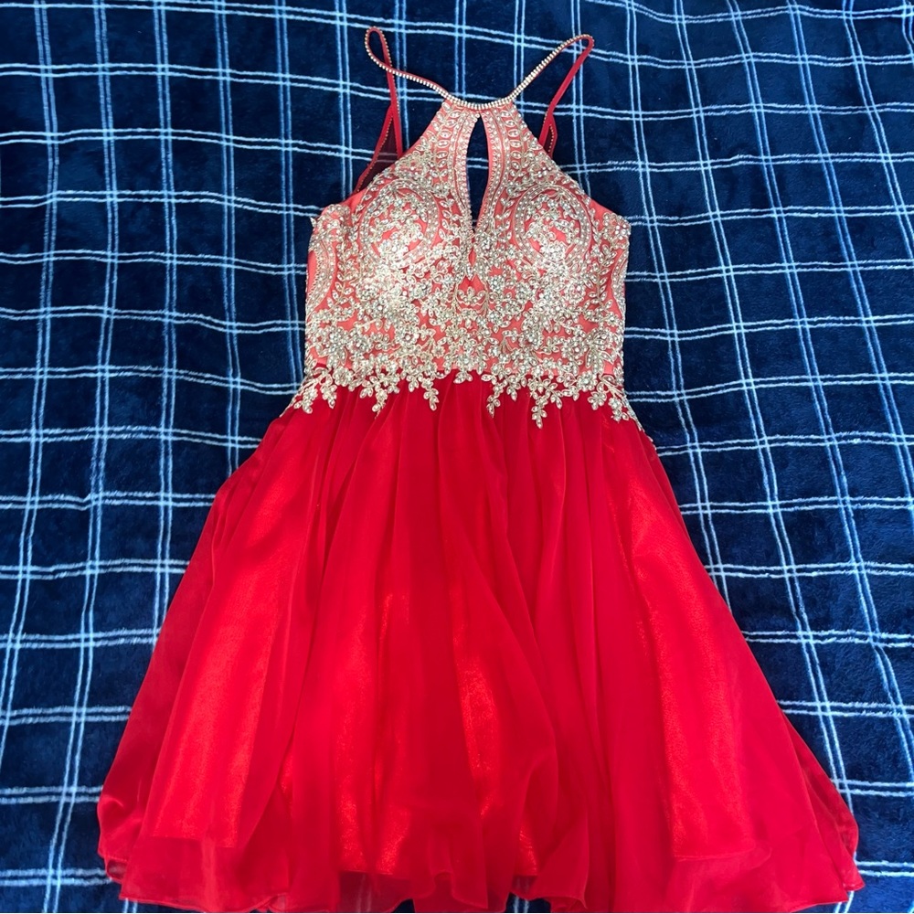 Dave & Johnny Gold and Red Homecoming Banquet Dress